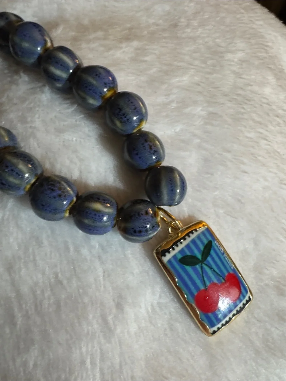 Blue Beaded Necklace with Cherry Pendant - Unbranded